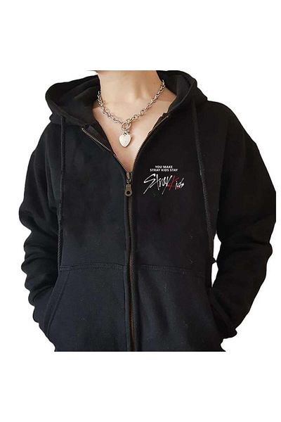 Aesthia Stray Kids Printed - Unisex Μαύρη Oversize Ζακέτα με κουκούλα