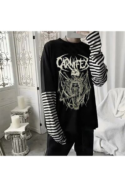 Aesthia Tricou negru unisex cu mânecă lungă MINGALONDON Gothic Oversize Carni...