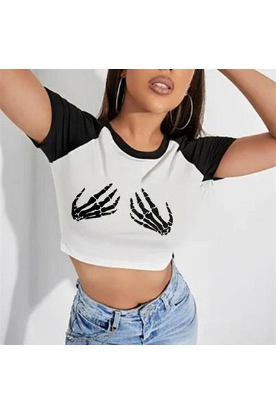 Aesthia Mingalondon White Crop Top - Skeleton Hands Printed, Raglan Sleeve