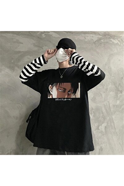 Aesthia MINGALONDON - Tricou cu mânecă unisex cu dungi negre Levi, Attack On ...