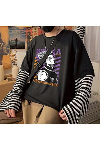 Aesthia Vânător X Vânător Hisoka Imprimat Unisex Negru Fake Sleeves Tricou - ...