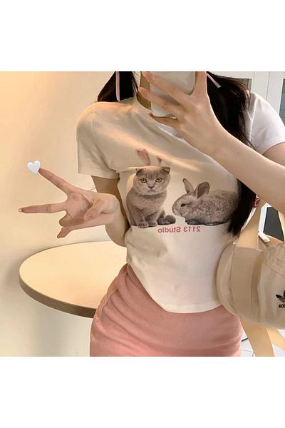 Aesthia MINGALONDON White Crop Μέγεθος ζώνης Y2k Rabbit And Cat