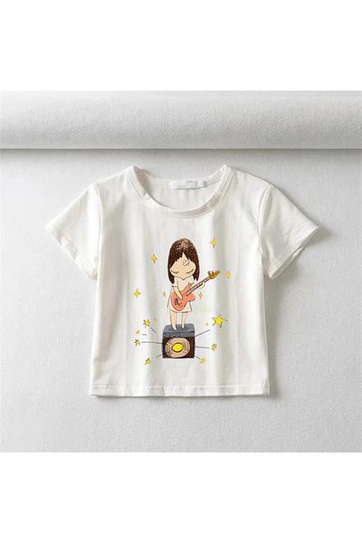 Aesthia MINGALONDON Guitarist Girl White Crop Top - Printed