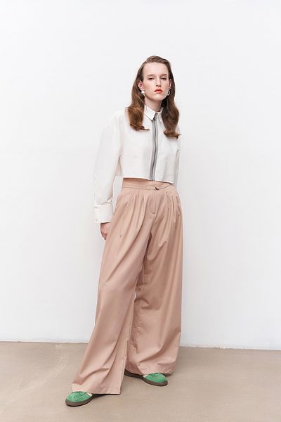 Quzu High Waist Beige Trousers - Pleat Detailed