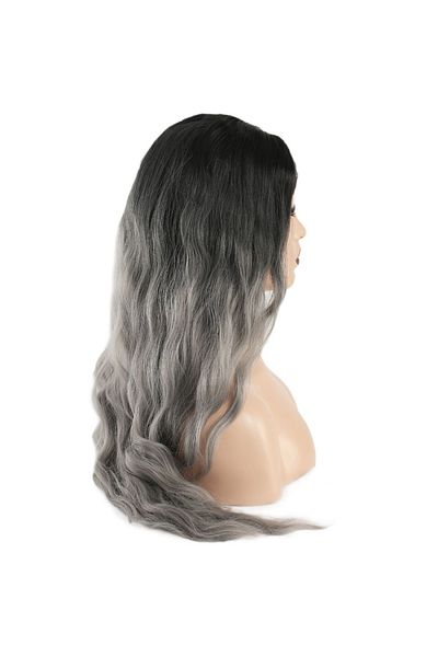 A Bay35 Long Water Wavy Synthetic Kanekalon Wig - Black Gray Ombreli