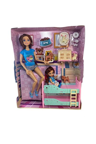 Hepsilazım Bebek Anne-Kız 29 cm-Aksesuarlı Ranzalı Yavru Köpekli El-Ayak Sonsuz Hareketli Et Bebeği