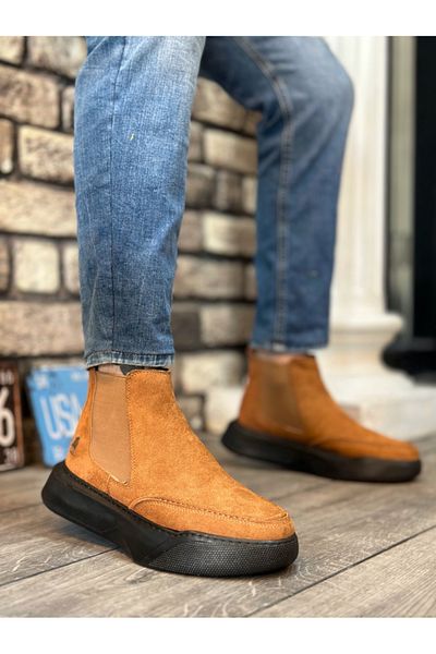 BOA BA0150 Ανδρικά Αθλητικά Μποτάκια Suede Tan Μαύρα ψηλή σόλα - Χωρίς κορδόνια