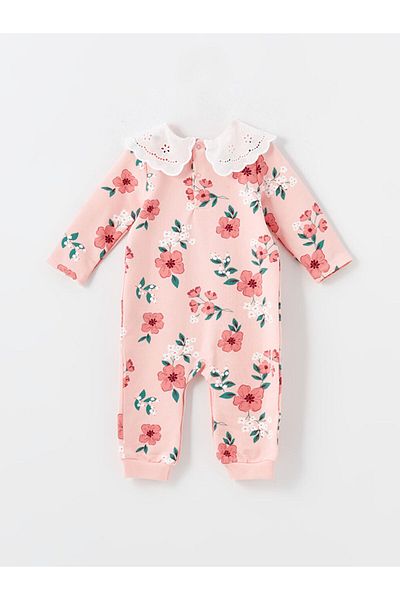 LC Waikiki Long Sleeve Floral Patterned Baby Collar Baby Girl Jumpsuit