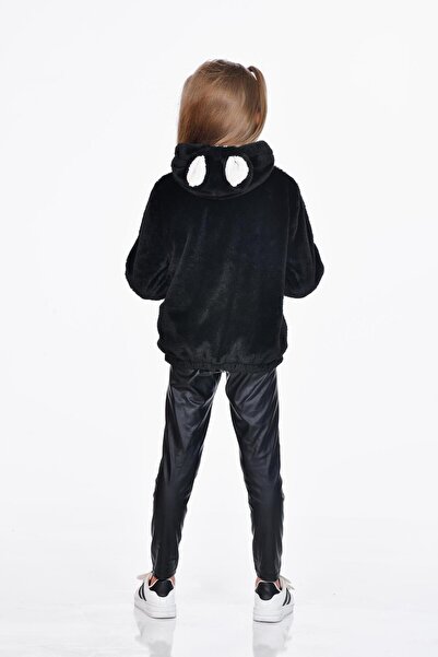 Kamex Peluş Içi Welsoftlu Kulak Kapişonlu Nakışlı Tavşanlı Kız Çocuk Mont Siyah