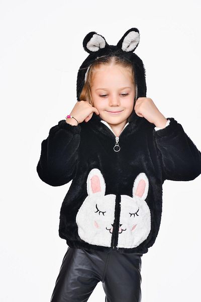 Kamex Plush Inside Welsoft Ears Hooded Embroidered Rabbit Girl's Coat Black