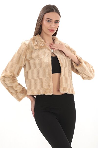 memetti m şekil Bolero cu pene crem, cu mâneci lungi, din blană, pentru mireasă, cu o singură broșă