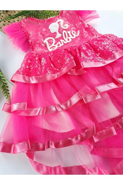Barbie Kız Çocuk Barbie Abiye Elbise Astarlı Üst Kısım Pullu Kuyruk Detaylı