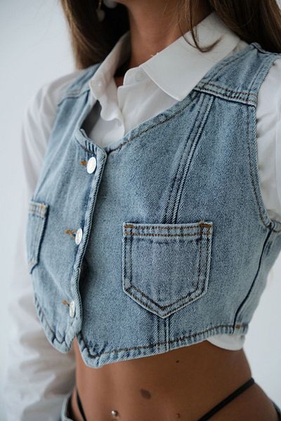 SEREN TEKSTİL Vestă albastru deschis - cu buzunar din denim