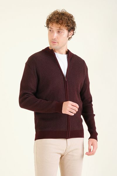 Giyim Dünyası Claret Red Men's Sweater - Stand Collar and Zipper Detail