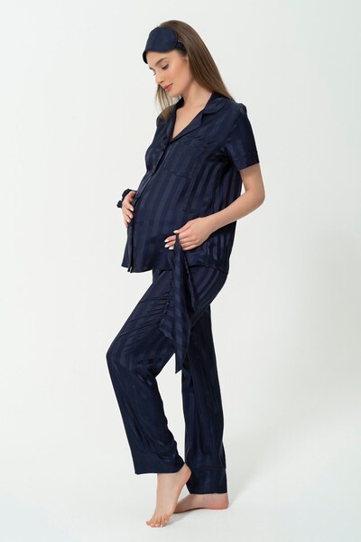 For You Mama 5-Piece Jacquard Navy Blue Maternity Pajama Set