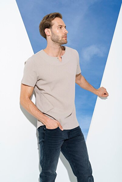 For You Man Organic Single Button Short Sleeve Stone Shirt