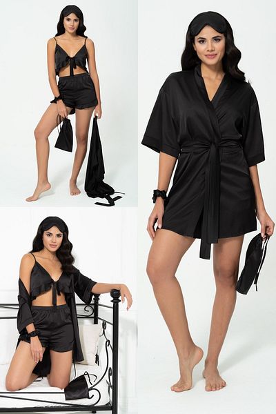 for you sleepwear Set de 6 pantaloni scurți de pijama din satin negru