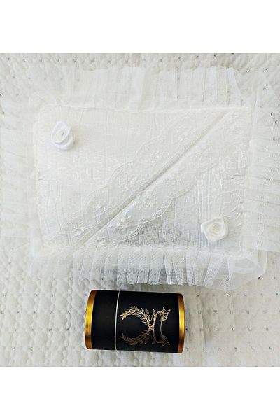 DİLEX 4 Piece Bundle Bride Groom Gift Dowry Bundle Taffeta Fringed Box Prayer Rug Set Black White