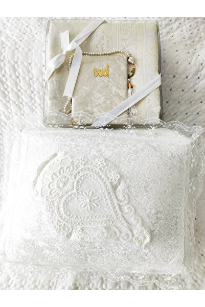 DİLEX ev tekstili Beyaz 2 Parça Kadife Seccade Çeyizlik Bohça Gelin Damat Seti