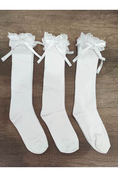 Leement socks Комплект от 3 дантелени високи чорапи с панделка за момичета - памучни и средно дебели