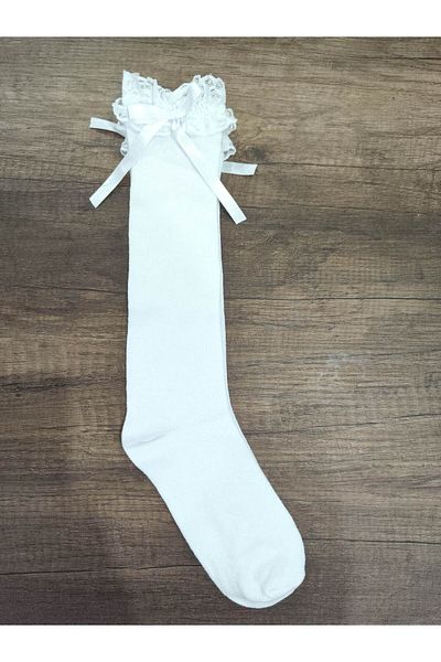 Leement socks Комплект от 3 дантелени високи чорапи с панделка за момичета - памучни и средно дебели