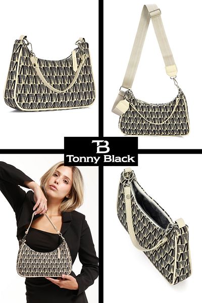 Tonny Black New Season Jacquard Shoulder Bag - Stylish Hand and Shoulder Bag with Zipper and Removable Crossbody Strap