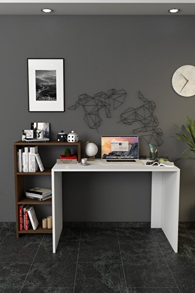 Moonlife Ahsen Kitaplıklı Çalışma Masası Beyaz Ceviz