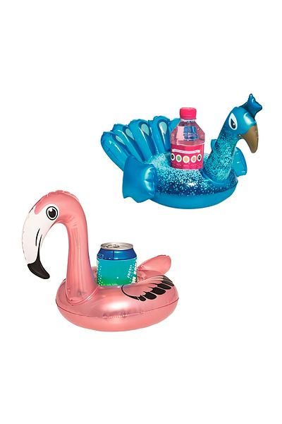 e-life shop Set of 2 Flamingo and Peacock Patterned Inflatable Cup Holder - Pool, Sea, Beach Fun