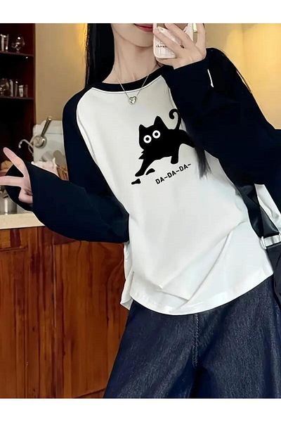 Touz Moda Λευκό μακρυμάνικο μπλουζάκι Raglan με στάμπα μαύρης γάτας