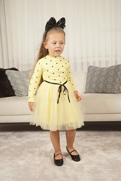 QUESHMA Kız Bebek Çocuk Prenses Kabarık Tütü  Kalpli Uzun Kol Esnek Likralı Elbise