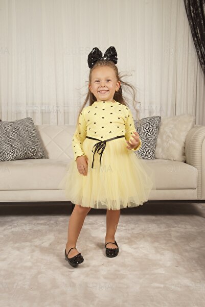 QUESHMA Kız Bebek Çocuk Prenses Kabarık Tütü  Kalpli Uzun Kol Esnek Likralı Elbise