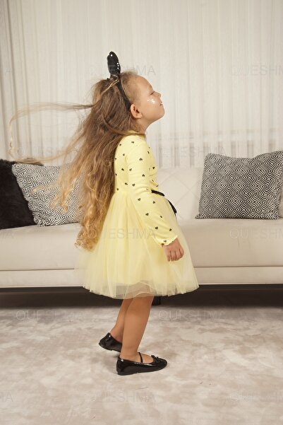 QUESHMA Kız Bebek Çocuk Prenses Kabarık Tütü  Kalpli Uzun Kol Esnek Likralı Elbise