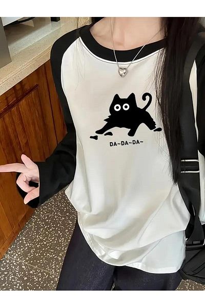 Touz Moda Λευκό μακρυμάνικο μπλουζάκι Raglan με στάμπα μαύρης γάτας