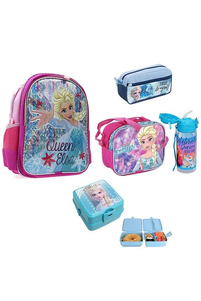 Frozen Elsa Licensed Set of 5 - School and Lunch Box, Water Bowl and Pen Holder Container