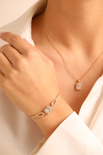 ADA LİFE GÜMÜŞ 925 Ayar Gümüş 2 Li Tek Taş Baget Set (ÖZEL KUTULU) BİLEKLİK KOLYE