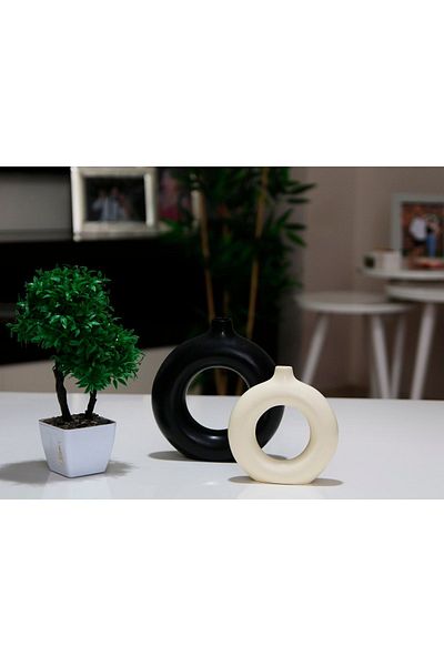 stonnish Bohemian Ring Vase - Dual Color Series, Set of 2 Black & Cream