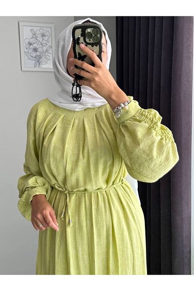RFK Butik Γυναικείο φόρεμα με ζώνη με μπαλόνι με μανίκια λινό φιστίκι πράσινο σχέδιο