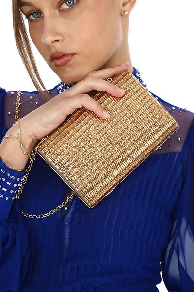 womenacs Γυναικείο βραδινό φόρεμα Clutch σε χρυσό χρώμα με λεπτομέρεια από γυάλινη πέτρα - Chain Strap Portfolio Τσάντα γάμου και αρραβώνων