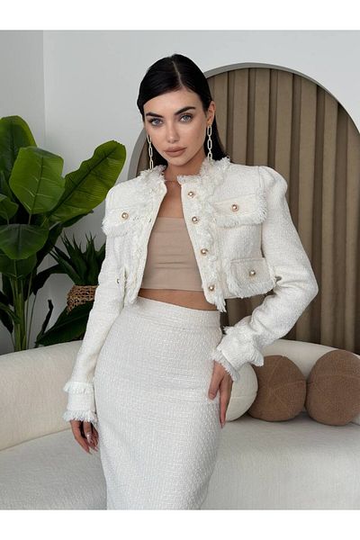 Julidress Ecru White Crop Jacket and Midi Skirt - Premium Tweed, Slit, Gold Buttoned Set