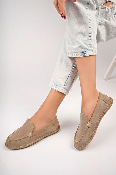 Deripabuc Genuine Leather Beige Suede Women's Leather Loafer Dp77-0601