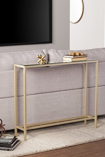 TOLIAHOME Modern Gold Renk Metal İskeletli Temper Camlı Raflı Dresuar Konsol