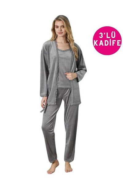 bie's Set de 3 halate de pijama din catifea cu bretele din frânghie gri - Set de zestre cu detalii din dantelă subțire