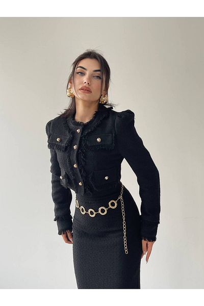 Julishop Set jachetă și fustă midi cu fante neagră premium