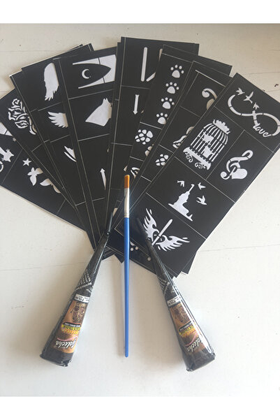 Airbrush Tattoo 2 Tüp Golecha Siyah Kına 10 Sayfa Şablon ve Fırça Hediyeli Ge...