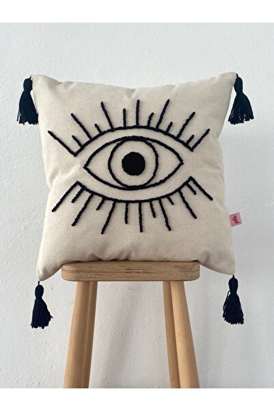 Galia Home Yıkanmış Keten Göz Figürlü Punch Kırlent Yastık Kılıfı 45*45 Cm