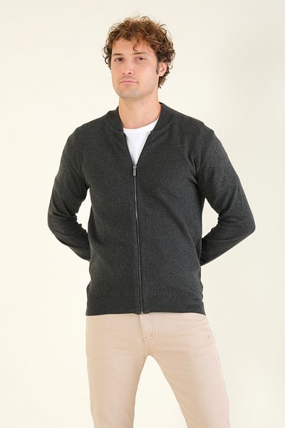 Giyim Dünyası Men's Anthracite Judge Collar Honeycomb Zippered Cardigan