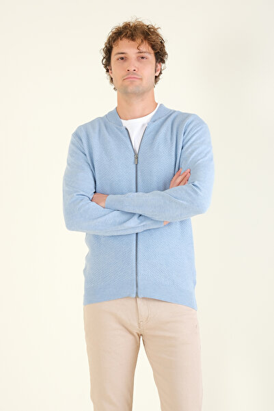 Giyim Dünyası Erkek Hakim Yaka Petek Örgü Fermuarlı Hırka Mavi