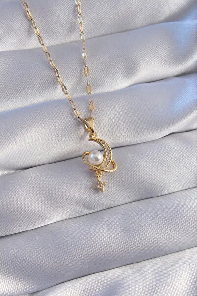Çelik 316l Çelik Zincir Gold Renk İncİ Taşlı Sedefli Ay Figürlü Kolye BKO8806