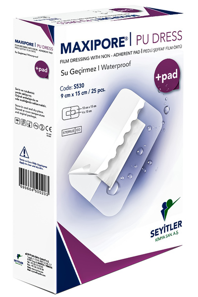 Seyitler Kimya Maxipore Pu Dress Pedli Şeffaf Steril Su Geçirmez Yara Örtüsü 9cm X 15cm 25'li Kutu