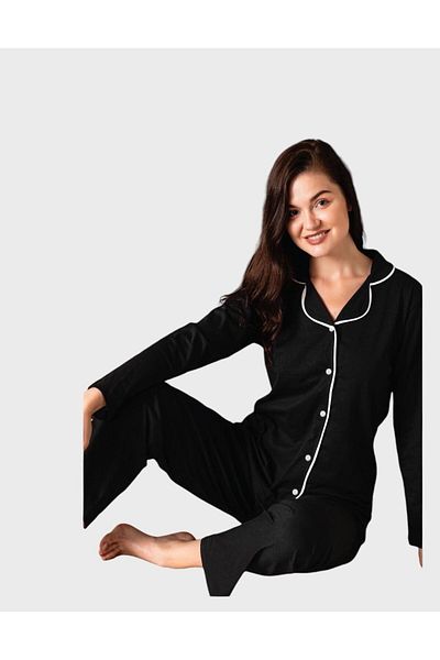 tusem butik homewear Set pijama cu guler de cămașă cu mânecă lungă din bumbac negru - cu nasturi